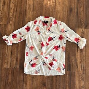 Iz Byer White and Cream Button Down Shirt with Tie Front and Notched Collar